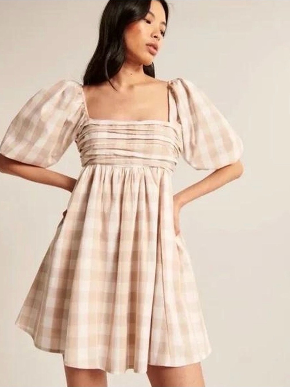 Abercrombie & Fitch Beige Gingham Puff Sleeve Mini Dress
